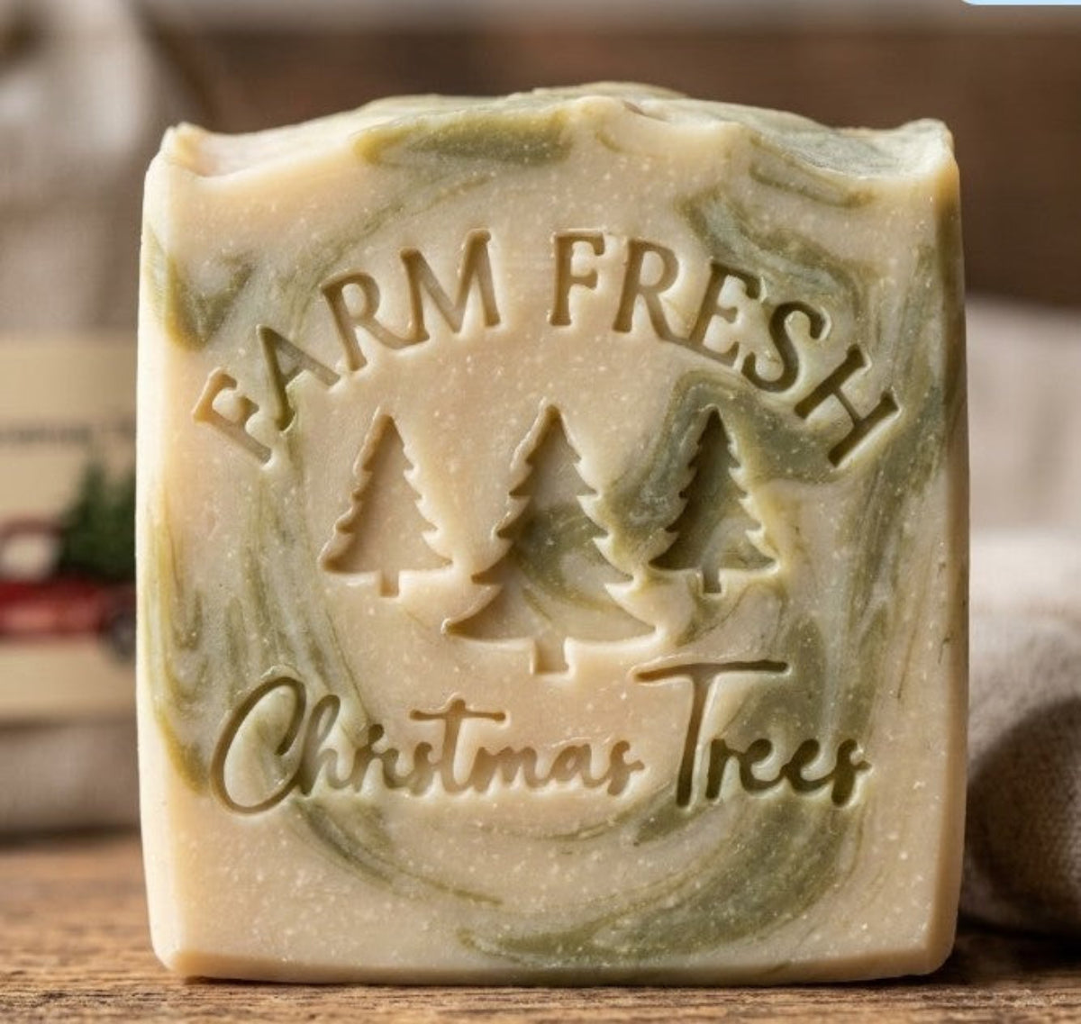 LARGE SOAP STAMP – Farm Fresh Christmas Tree Rustic Christmas Winter Holiday Design Creates LARGE, crisp impressions featuring Farm Fresh text, three classic Christmas trees, and Christmas tree wording below, perfect for rustic farmhouse soaps, festive artisan batches, winter collections, and holiday gifting.