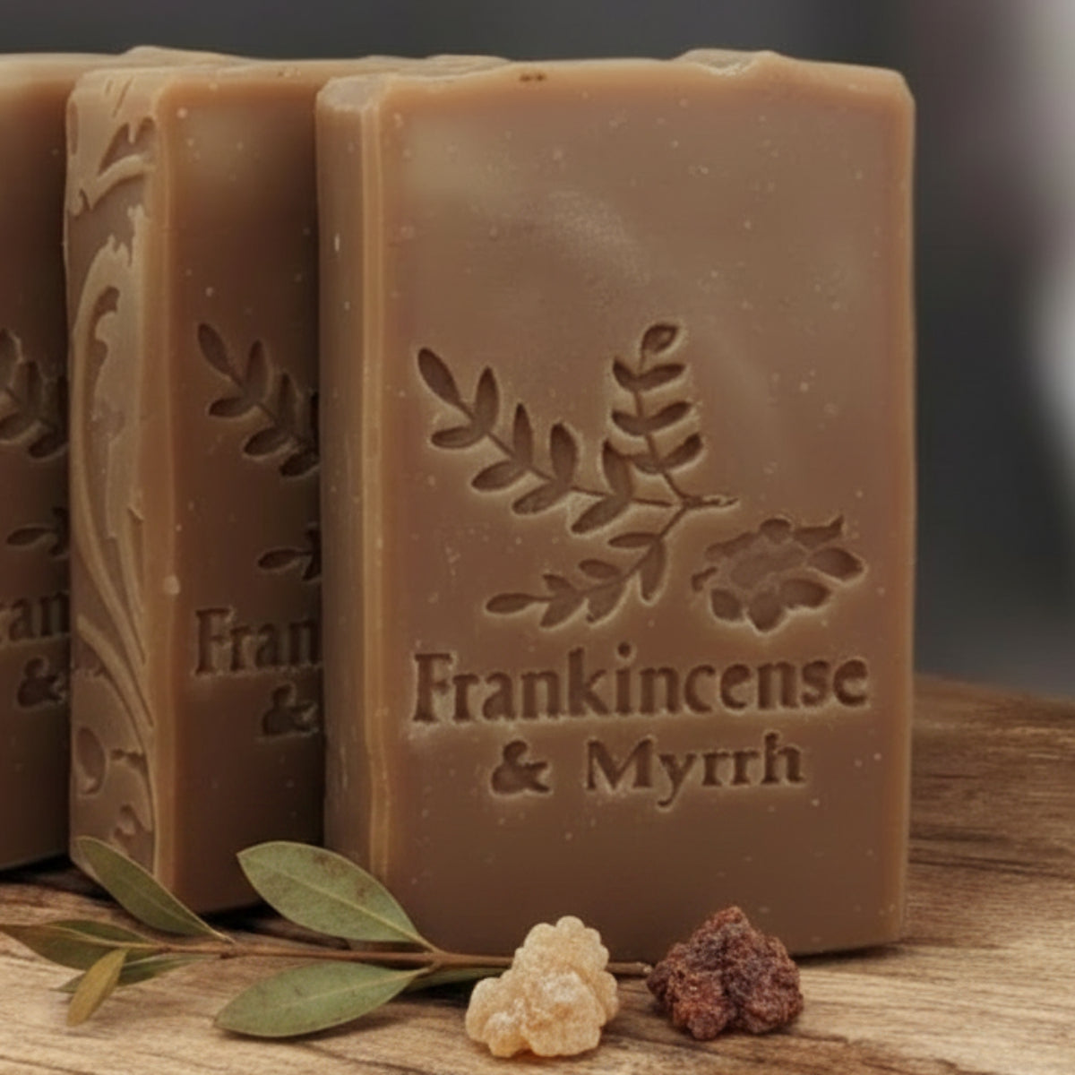 LARGE SOAP STAMP – Frankincense and Myrrh Sacred Herb Christmas  Design Creates LARGE, crisp impressions featuring the words Frankincense and Myrrh with sacred herb silhouettes, perfect for Christmas soaps, winter artisan batches, spiritual collections, and essential oil themed designs.