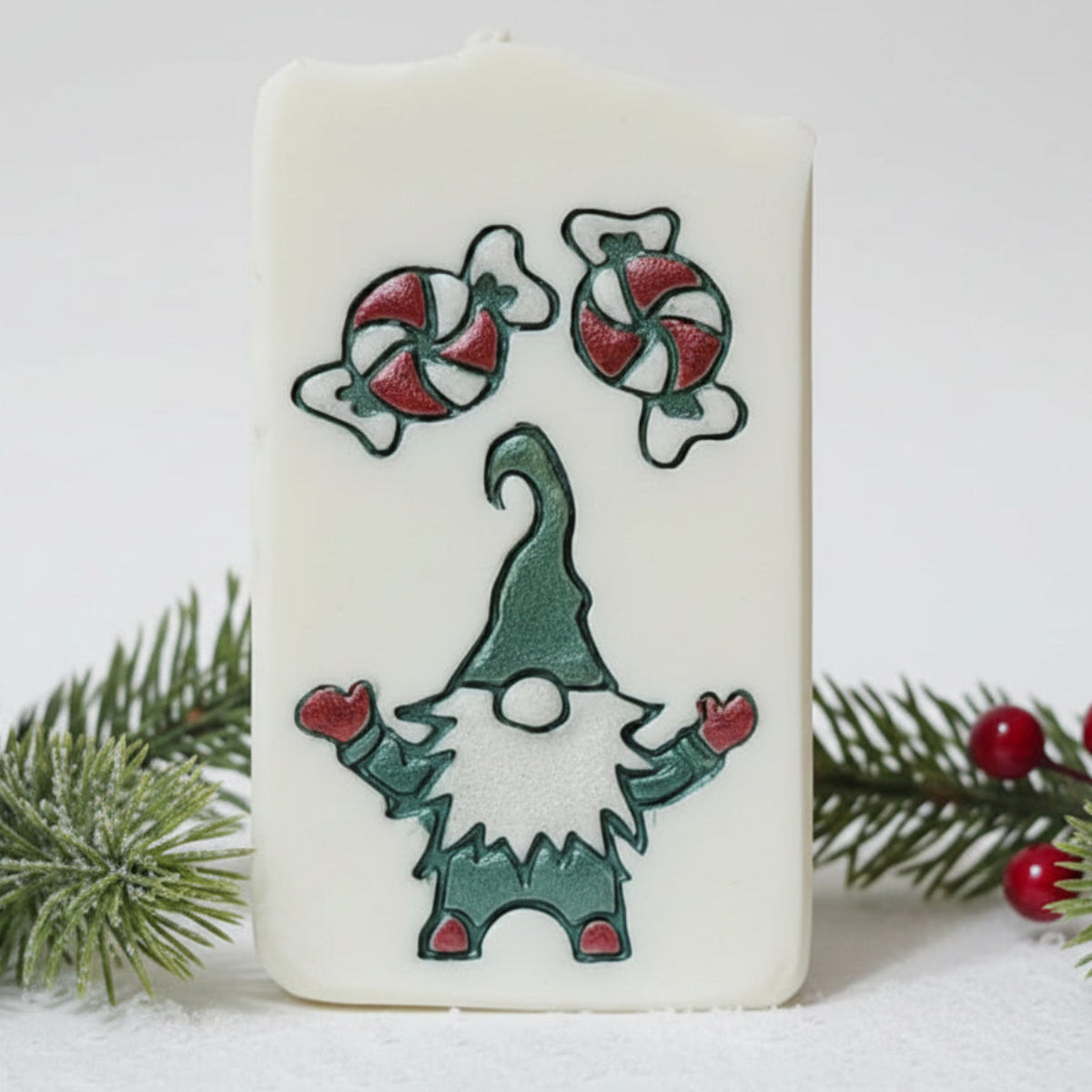 LARGE SOAP STAMP – Gnome Elf Christmas Holiday Design Creates LARGE, crisp impressions featuring a cheerful festive gnome or elf, perfect for Christmas soaps, holiday artisan batches, winter gifting, and whimsical seasonal collections.
