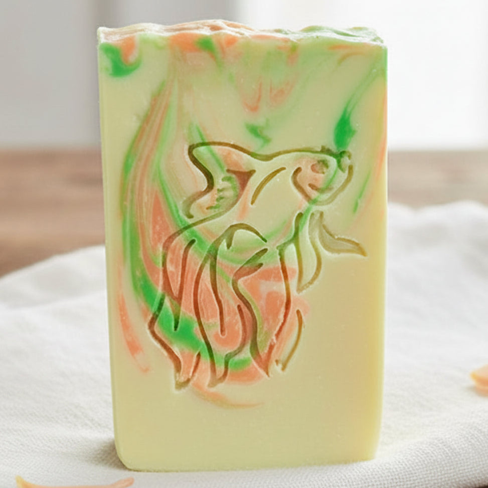 LARGE SOAP STAMP – Goldfish Betta Aquatic Marine Design Creates LARGE, crisp goldfish and betta impressions with flowing aquatic detail. Perfect for marine‑themed soaps, spa batches, water‑inspired collections, and artisan coastal designs.