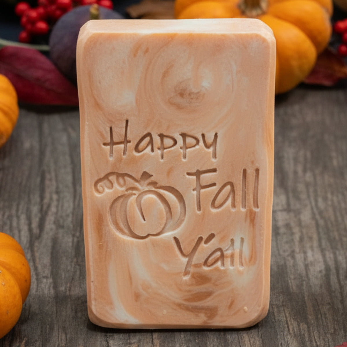 LARGE SOAP STAMP – Happy Fall Y’all Autumn Greeting Design Creates LARGE, crisp impressions featuring Happy Fall Y’all autumn lettering, perfect for fall soaps, southern charm artisan batches, cozy seasonal gifting, and rustic market collections.