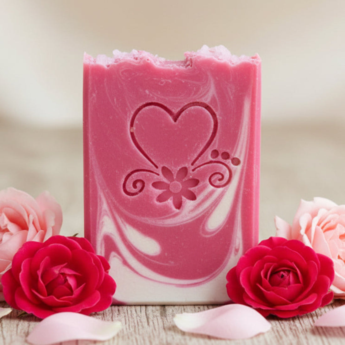 LARGE SOAP STAMP – Heart Flowers Romantic Floral Valentine Wedding Design creates LARGE, crisp impressions blending hearts and florals, perfect for romantic artisan soaps, Valentine gifting, wedding batches, anniversary collections, and charming floral designs.