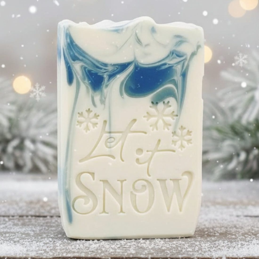 LARGE SOAP STAMP – Let It Snow Christmas Winter Holiday Design Creates LARGE, crisp impressions featuring Let It Snow winter lettering surrounded by falling snow, perfect for Christmas soaps, festive artisan batches, winter markets, and snowy seasonal gifting.