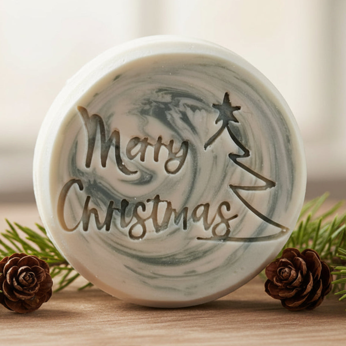 LARGE SOAP STAMP – Merry Christmas with Tree Festive Holiday Lettering Design Creates LARGE, crisp impressions featuring Merry Christmas lettering paired with a half Christmas tree frame, perfect for festive holiday soaps, winter artisan batches, seasonal gifting, and cheerful Christmas collections.