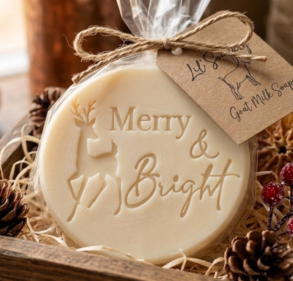 LARGE SOAP STAMP – Merry and Bright Christmas Winter Holiday Design Creates LARGE, crisp impressions featuring Merry and Bright holiday lettering, perfect for Christmas soaps, festive artisan batches, winter collections, and cheerful seasonal gifting.  