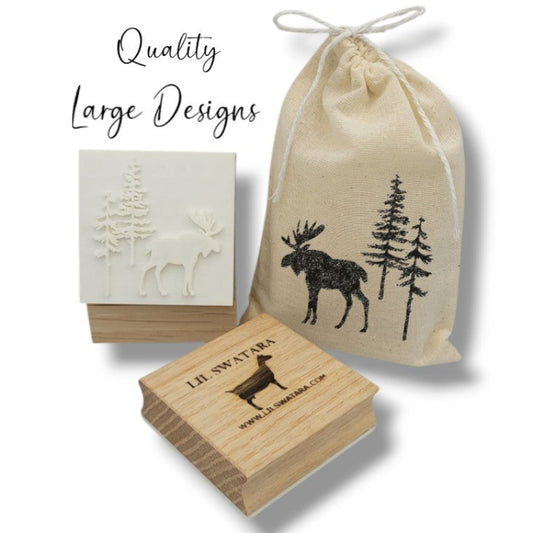LARGE SOAP STAMP – Moose and Trees Wildlife Rustic Forest Design creates LARGE, crisp impressions featuring a rugged moose surrounded by forest pines, perfect for wildlife artisan soaps, rustic cabin batches, outdoor lover gifting, and nature inspired collections.