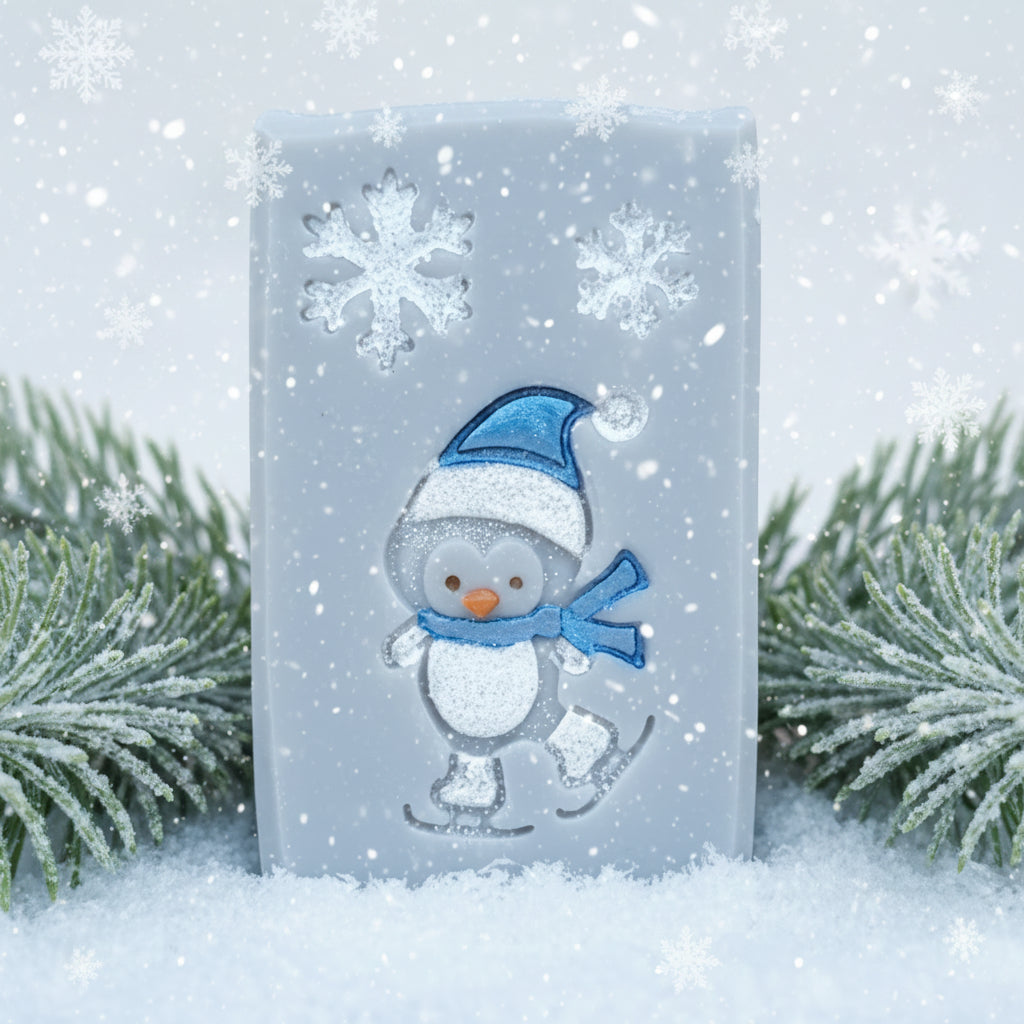 LARGE SOAP STAMP – Penguin Skating Winter Christmas Design Creates LARGE, crisp impressions featuring a playful penguin skating on winter ice, perfect for Christmas soaps, kids winter batches, festive artisan collections, and holiday gifting.