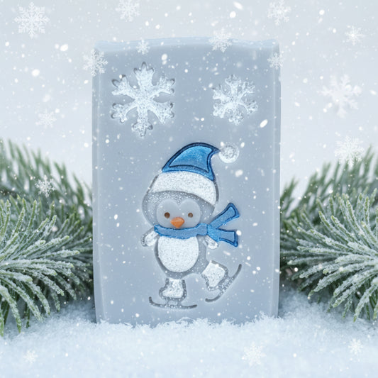 LARGE SOAP STAMP – Penguin Skating Winter Christmas Design Creates LARGE, crisp impressions featuring a playful penguin skating on winter ice, perfect for Christmas soaps, kids winter batches, festive artisan collections, and holiday gifting.
