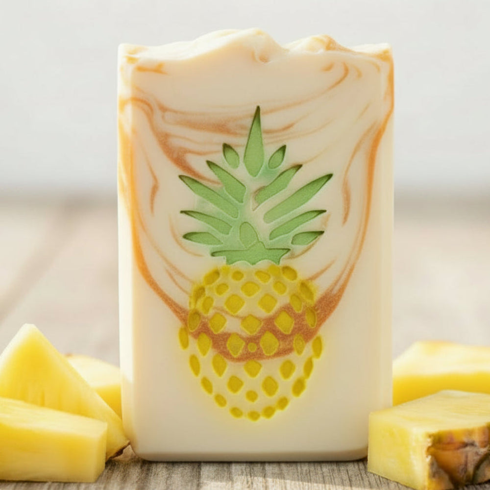 LARGE SOAP STAMP – Pineapple Tropical Summer Beachy Fruit Design Creates LARGE, crisp impressions featuring a tropical pineapple, perfect for summer soaps, beachy artisan batches, fruity collections, and vacation inspired handmade bars.