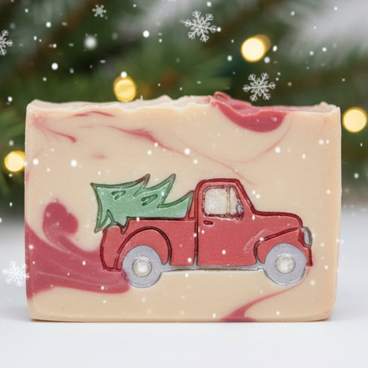 LARGE SOAP STAMP – Red Truck Christmas Holiday Tree Nostalgic Creates LARGE, crisp Red Truck Christmas impressions with a holiday tree design. Ideal for Christmas soaps, winter batches, festive gift sets, and artisan holiday collections.