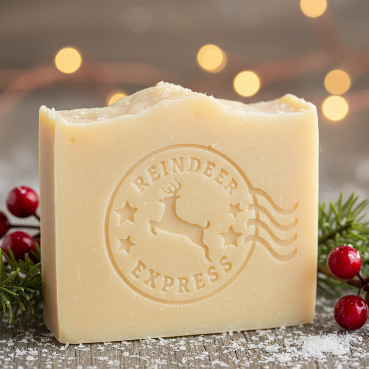 LARGE SOAP STAMP – Reindeer Express Christmas Holiday Postage Design Creates LARGE, crisp Reindeer Express impressions with a postage‑style frame. Ideal for Christmas soaps, winter batches, festive gift sets, and artisan holiday collections.
