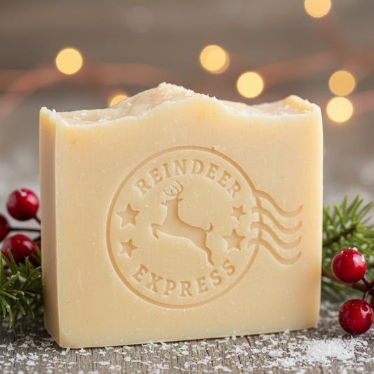LARGE SOAP STAMP – Reindeer Express Christmas Holiday Postage Design Creates LARGE, crisp Reindeer Express impressions with a postage‑style frame. Ideal for Christmas soaps, winter batches, festive gift sets, and artisan holiday collections.
