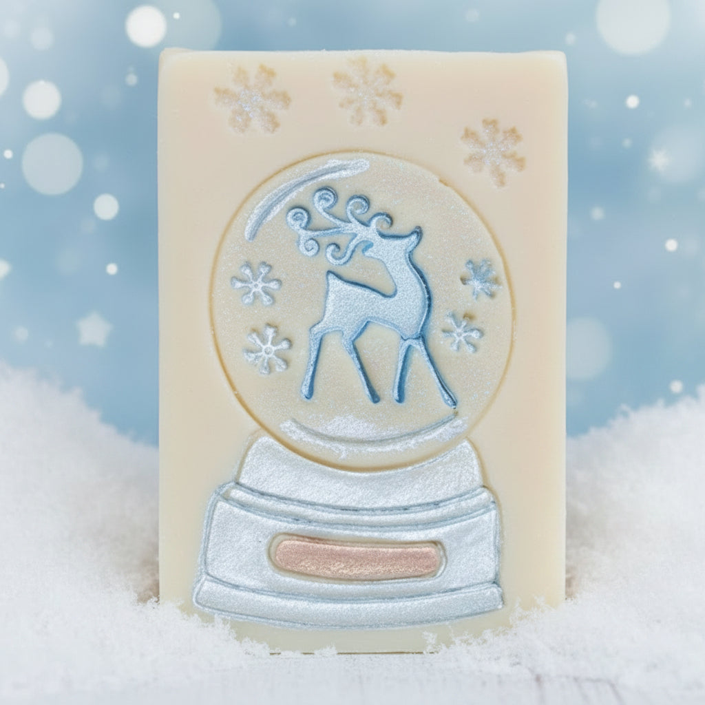 Snow Globe Winter Holiday Christmas Soap Stamp Lil Swatara Creates LARGE, crisp Snow Globe impressions with winter holiday detail. Ideal for Christmas soaps, winter batches, festive gift sets, and artisan holiday collections.
