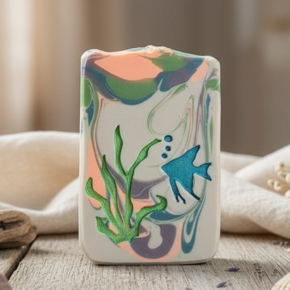 LARGE SOAP STAMP – Tropical Fish Kelp Ocean Beach Marine Design creates LARGE, crisp impressions featuring tropical fish swimming through flowing ocean kelp, perfect for beach themed soaps, marine artisan batches, coastal collections, and ocean inspired gifting.