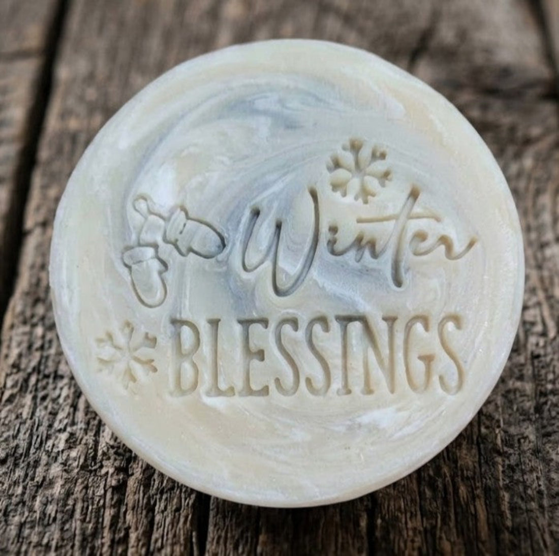 LARGE SOAP STAMP – Winter Blessings Religious Christmas Inspirational Holiday Design Creates LARGE, crisp impressions featuring Winter Blessings inspirational lettering, perfect for religious Christmas soaps, cozy winter artisan batches, holiday markets, and boutique seasonal gifting.