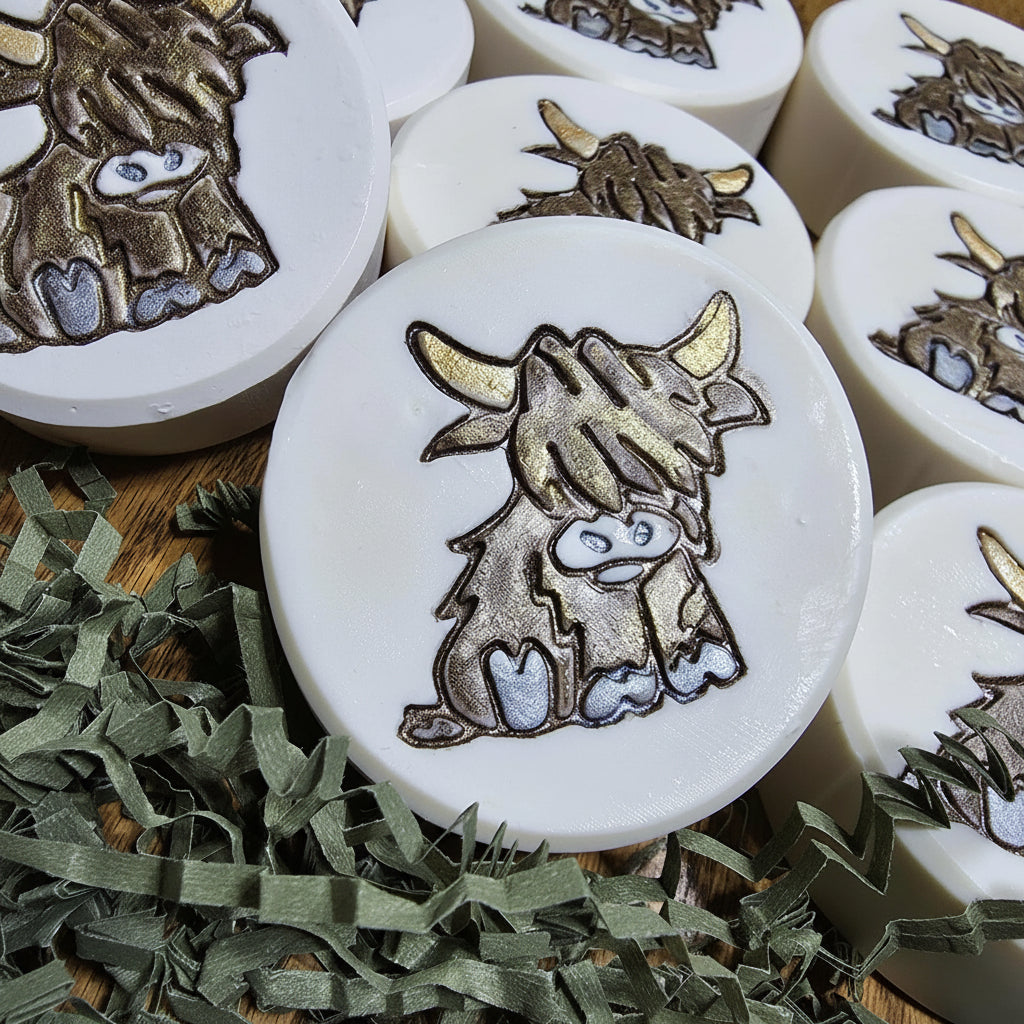 Adorable Highland Cow soap stamp for baby showers, farmhouse gifts, and farm animal soap designs. Large 54×54 mm wood‑base stamp with crisp, clean detail.
