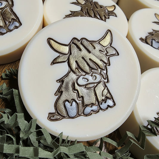 Adorable Highland Cow soap stamp for baby showers, farmhouse gifts, and farm animal soap designs. Large 54×54 mm wood‑base stamp with crisp, clean detail.