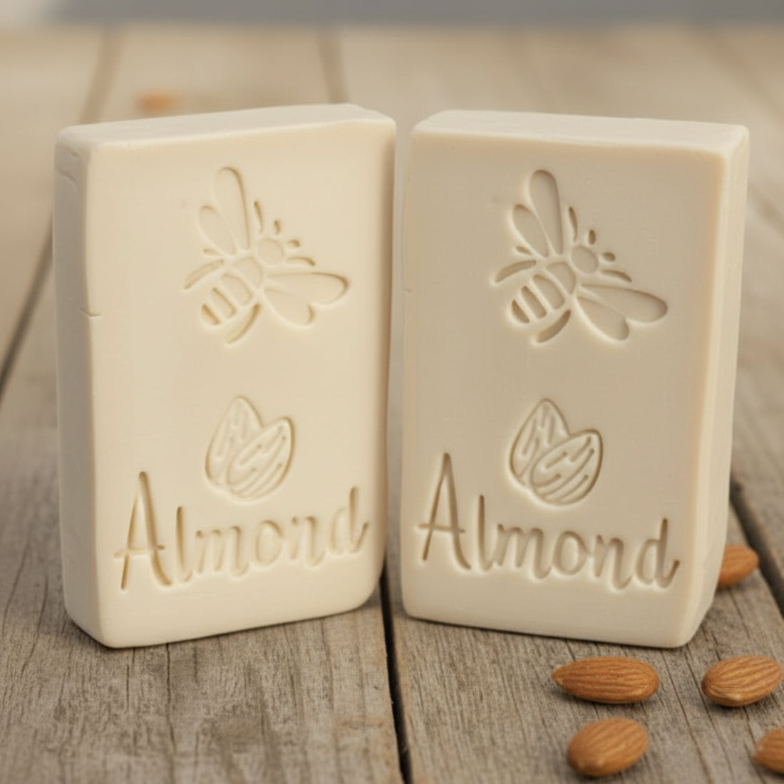 SOAP STAMP – Almond Word and Almond Icons Kitchen Food Design creates crisp impressions featuring almond word text and almond icons, perfect for kitchen themed soaps, nut blend batches, food inspired artisan collections, and almond scented designs.