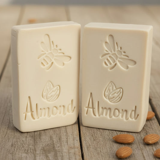 SOAP STAMP – Almond Word and Almond Icons Kitchen Food Design creates crisp impressions featuring almond word text and almond icons, perfect for kitchen themed soaps, nut blend batches, food inspired artisan collections, and almond scented designs.