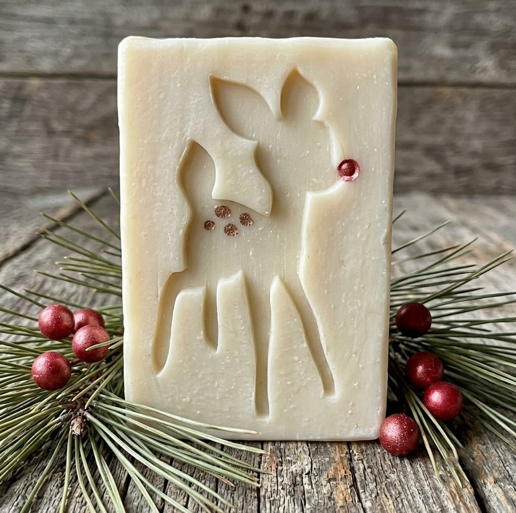 SOAP STAMP – Baby Fawn Red Nose Christmas Woodland Design Creates crisp impressions featuring a sweet baby fawn with a red nose, perfect for woodland themed soaps, kids Christmas batches, festive artisan collections, and reindeer inspired holiday gifting.
