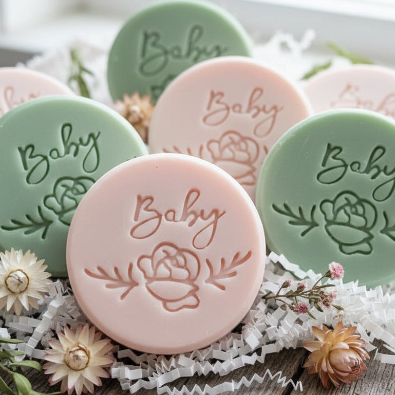 SOAP STAMP – Baby Rose Baby Shower Floral Design Creates crisp botanical rose impressions paired with the “Baby” word, perfect for baby shower favors, newborn gift sets, and gentle nature‑inspired soap lines.