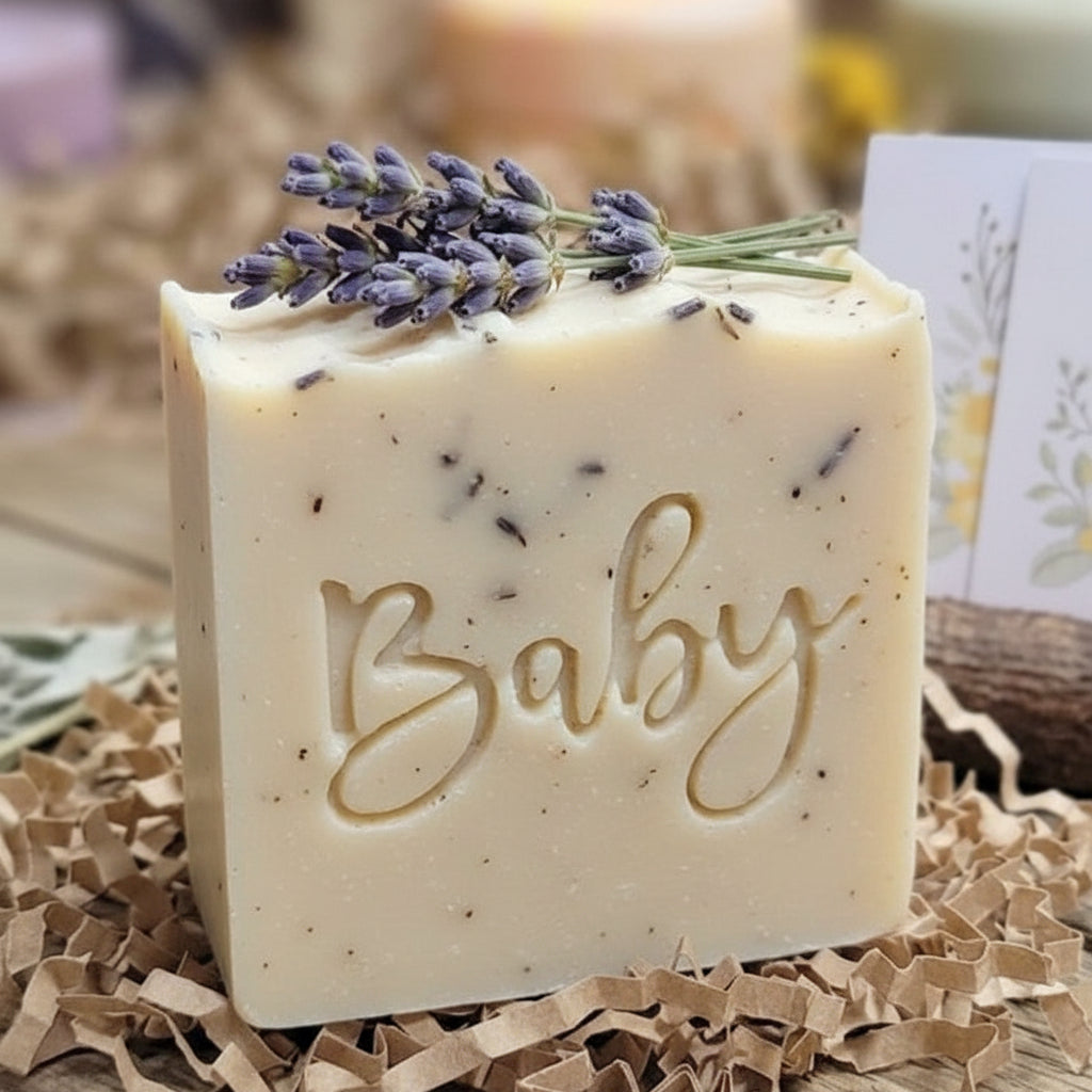SOAP STAMP – Baby Word Baby Shower Newborn Celebration Text Design  Creates crisp Baby text impressions perfect for baby shower soaps, newborn gift sets, celebration themed artisan batches, and joyful handmade collections. 