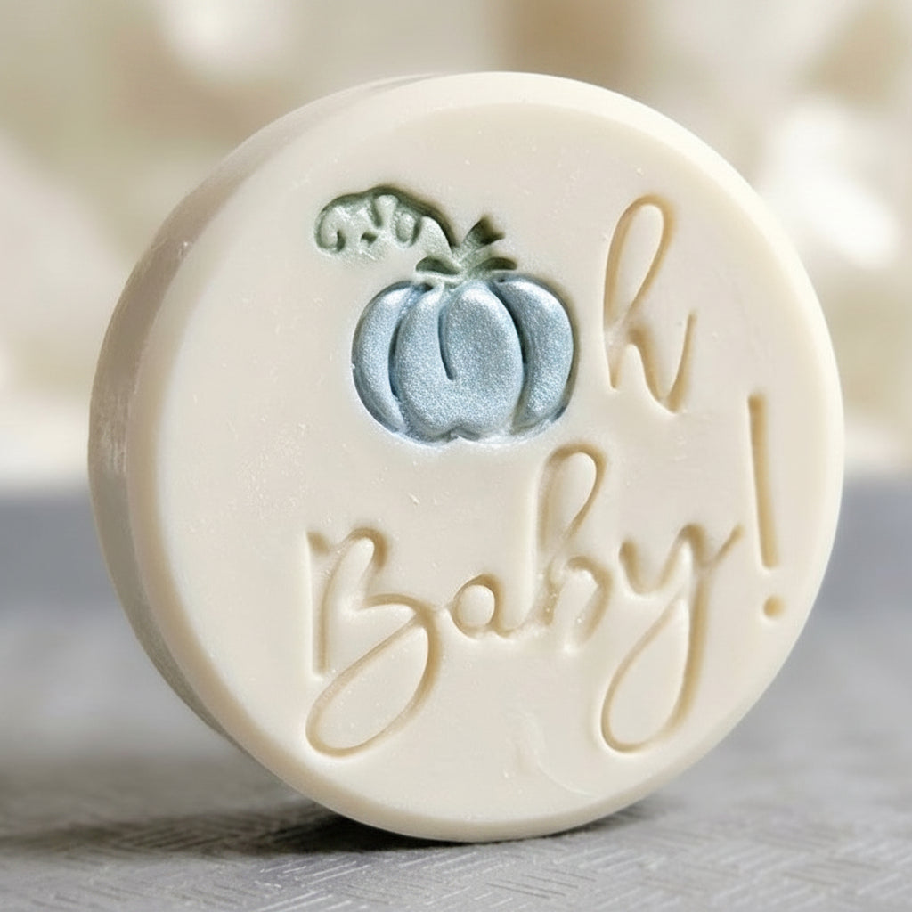 SOAP STAMP – Oh Baby Pumpkin Fall Baby Shower Design Creates crisp impressions featuring an adorable Oh Baby pumpkin, perfect for fall baby shower soaps, autumn announcements, seasonal gifting, and harvest themed artisan batches.