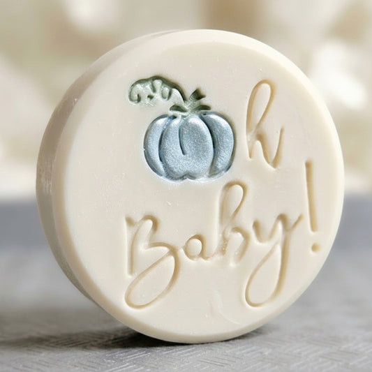 SOAP STAMP – Oh Baby Pumpkin Fall Baby Shower Design Creates crisp impressions featuring an adorable Oh Baby pumpkin, perfect for fall baby shower soaps, autumn announcements, seasonal gifting, and harvest themed artisan batches.