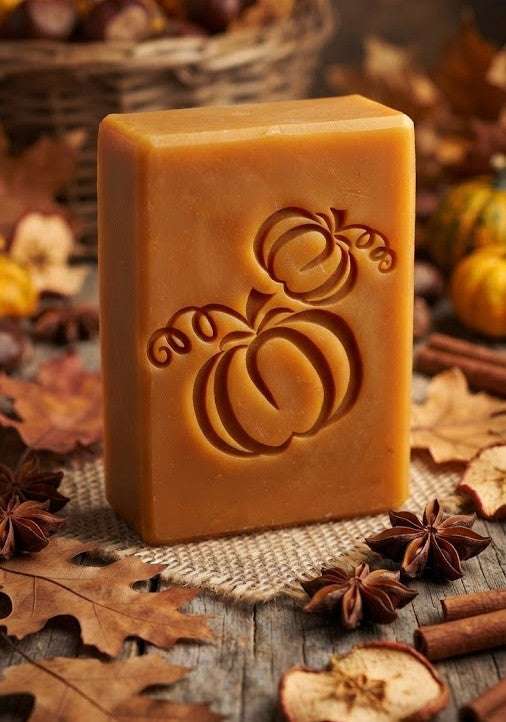 A rectangular bar of warm amber-orange soap with a carved pumpkin design on the front, via soap stamp displayed on a burlap runner surrounded by autumn leaves, cinnamon sticks, star anise, and small pumpkins.