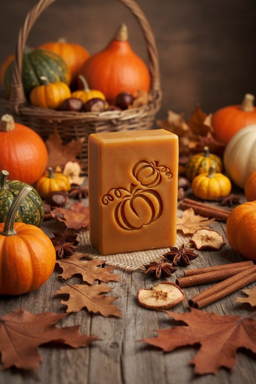 A rectangular bar of warm amber-orange soap with a carved pumpkin design on the front, displayed on a burlap runner surrounded by autumn leaves, cinnamon sticks, star anise, and small pumpkins.