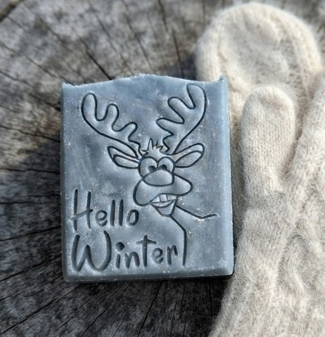 XL goofy deer winter Christmas holiday soap stamp, PLA design for crisp impressions on handmade soap.

