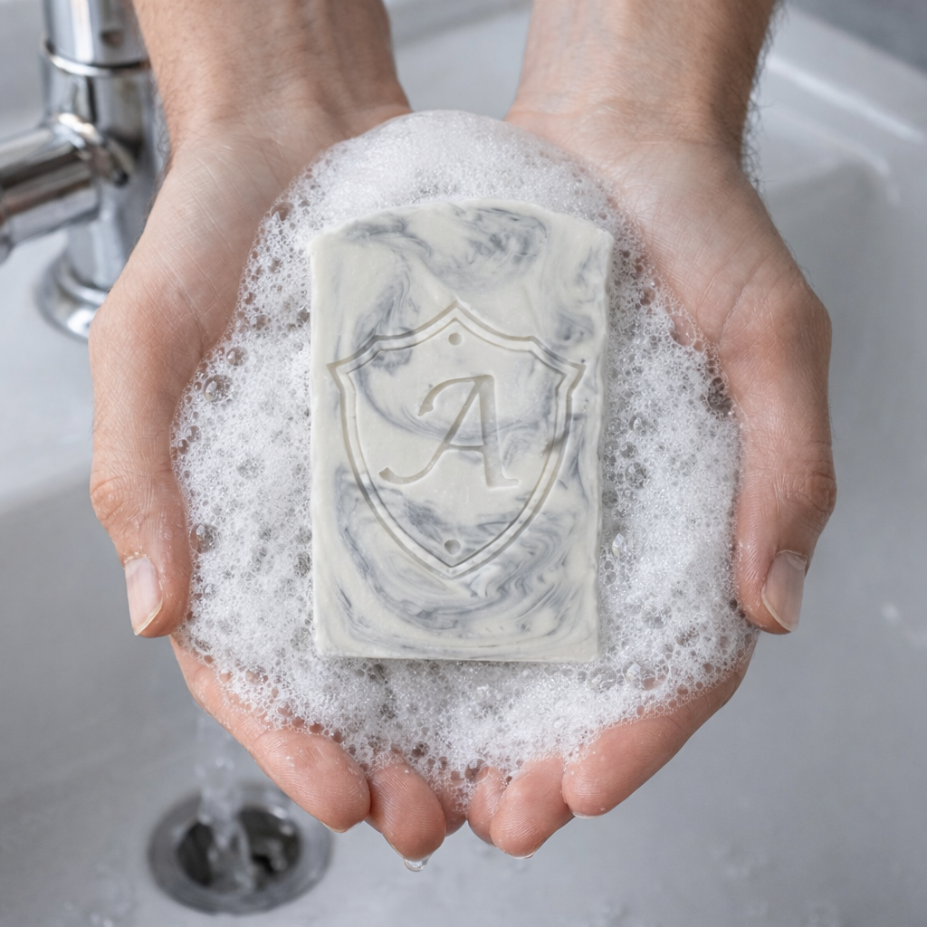Aventus tallow goat milk soap held in lathered hands showing steel‑grey marbling and shield emboss, creamy birch musk scent, handmade by Lil Swatara.