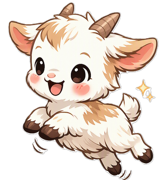 A cute cartoon baby goat jumping happily on a plain white background, with small sparkles and an 'AI-Generated' label in the top right corner.