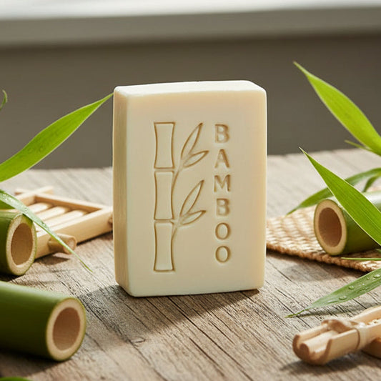 Soap bar stamped with Bamboo word and bamboo stalks design, crisp 60×31 mm impression.