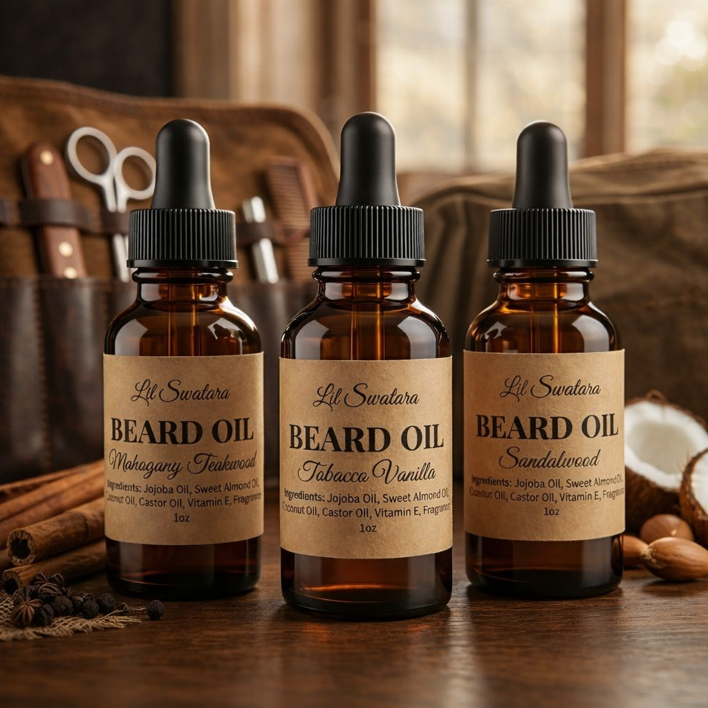 Beard oil set with Mahogany Teakwood, Tobacco Vanilla and Sandalwood bottles on rustic wood with grooming tools and spices, Lil Swatara