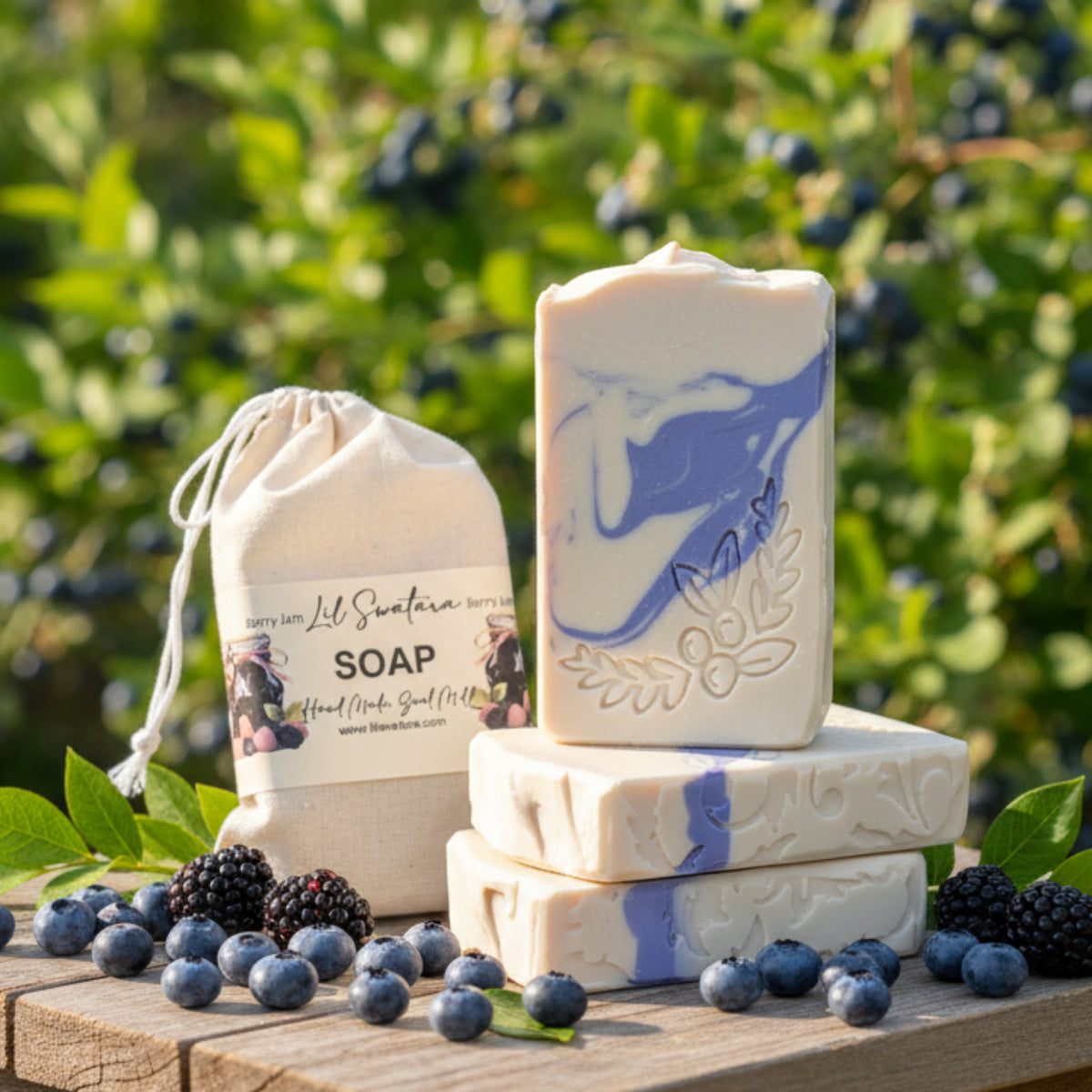 Handmade Berry Jam Goat Milk Soap bar with creamy lather, sweet berry scent, and soft blue color, perfect for sensitive skin and daily comfort.