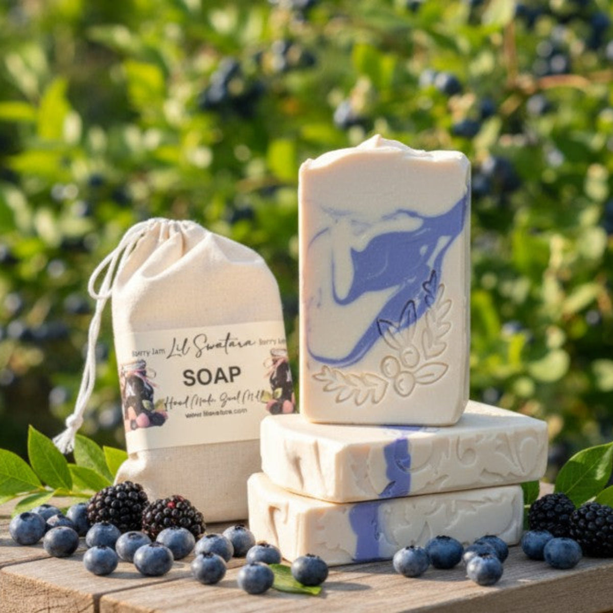 Wooden soap stamp with detailed berry branch design, perfect for botanical and berry-themed handmade soaps.