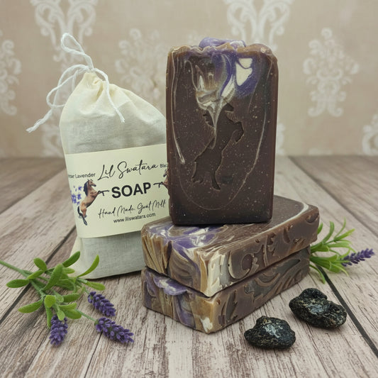 Goat milk soap bar with black amber and lavender. Creamy lather, warm earthy scent, smoky depth, and gentle skin feel.