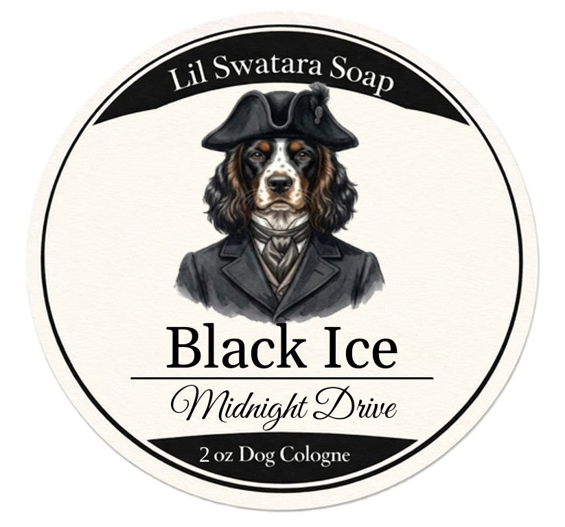 Dog freshening spray label with illustrated dog in suit, Black Ice scent, Lil Swatara Soap branding.