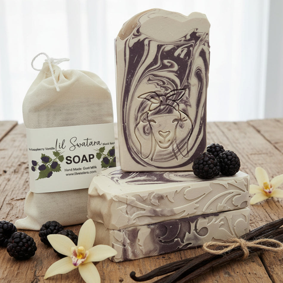 Black Raspberry Vanilla goat milk soap bar with creamy berry‑vanilla scent and smooth stamped finish.