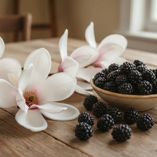 Floral design with a pink flower and blackberries on a white background