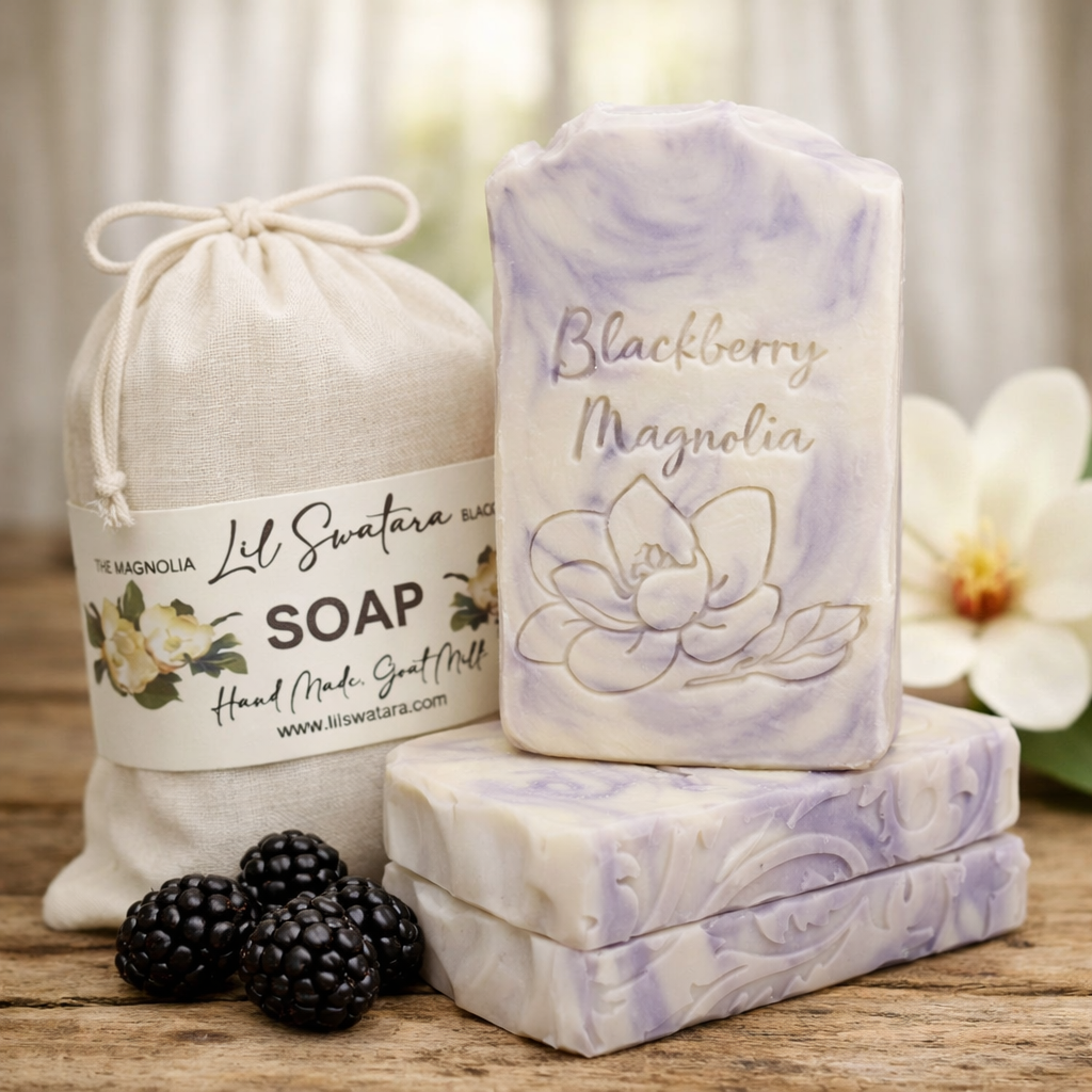 Blackberry Magnolia Goat Milk Soap XL 6oz bar by Lil Swatara — tall creamy white and lavender marbled artisan soap with shallow embossed magnolia flower and cursive name, paired with a light muslin drawstring sack labeled “Lil Swatara Handmade Soap.” Fresh blackberries and magnolia blooms rest on rustic wood under soft natural daylight.