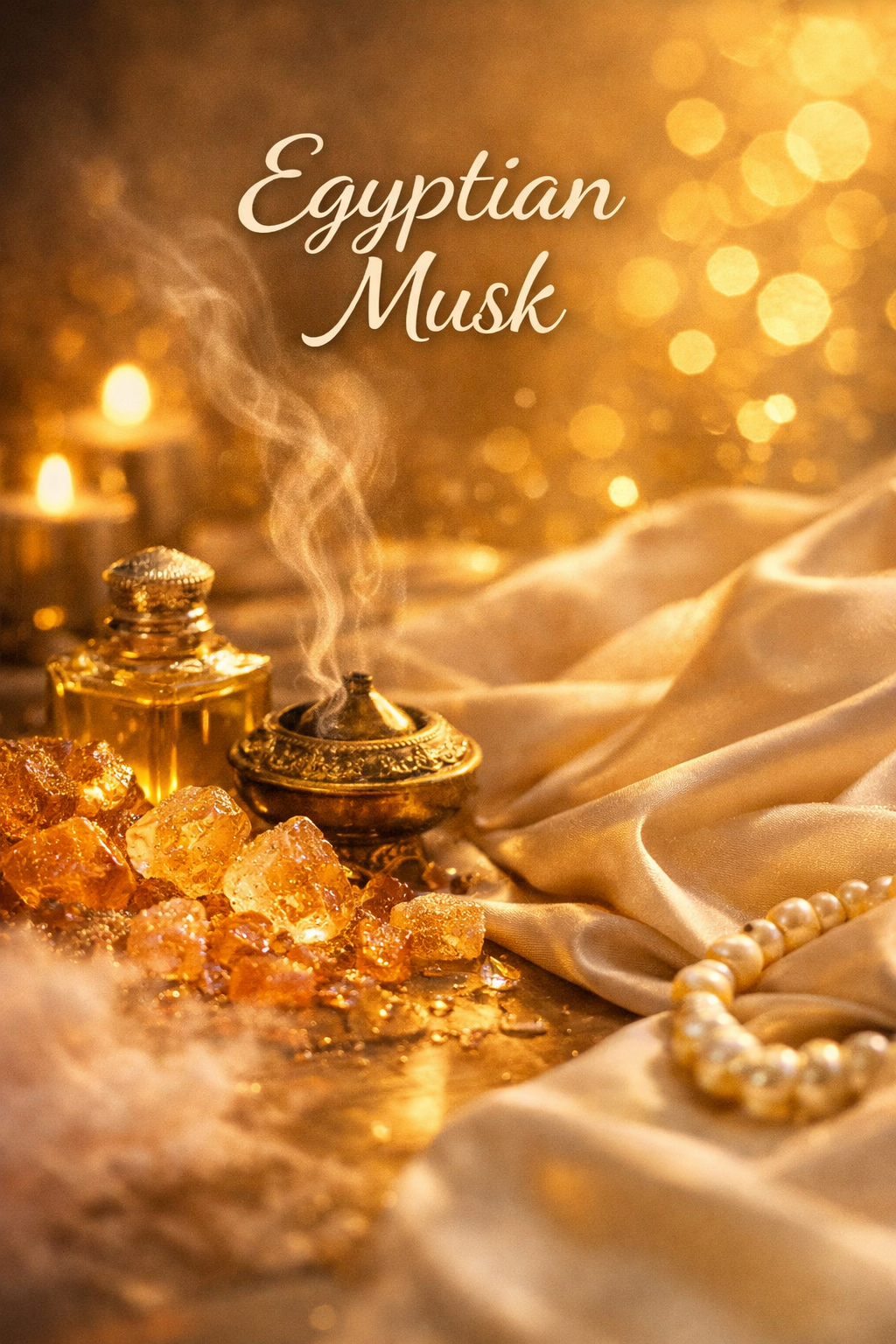 Egyptian Musk body spray – warm amber resin, soft ivory fabric, glowing candlelight, and sensual musk warmth, a luxurious skin‑like fragrance mist by Lil Swatara Soap.