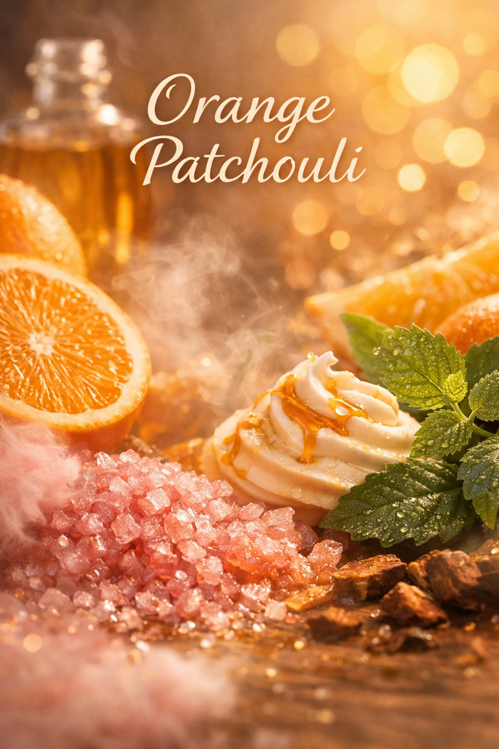 Orange Patchouli body spray – bright juicy orange slices with earthy patchouli leaves and warm golden glow, a fresh citrus‑earth fragrance mist by Lil Swatara Soap.