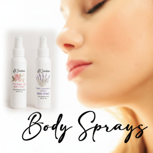 Lil Swatara body spray bottles in Pink Sugar Type and French Lavender & Honey scents, displayed side by side on a soft neutral background. Each white plastic bottle features a floral label and clear spray cap, with elegant script reading “Signature Scent Mist
