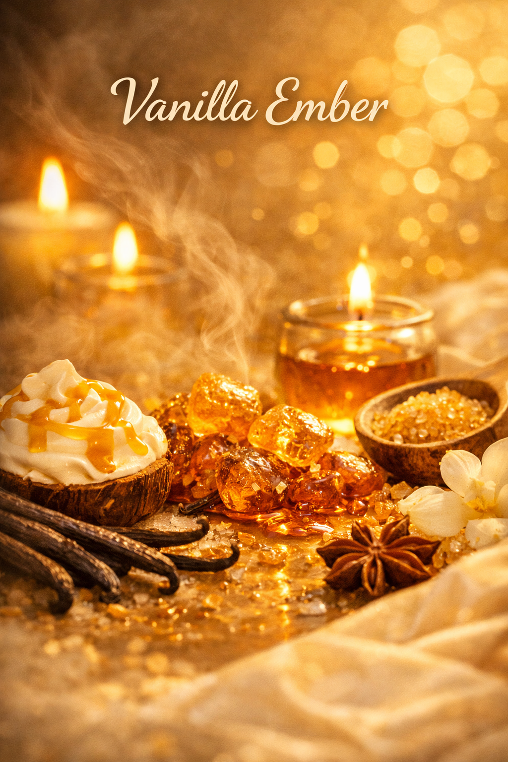 Vanilla Ember body spray – creamy vanilla pods, melted amber resin, and soft candlelight glow, a warm comforting fragrance mist by Lil Swatara Soap.