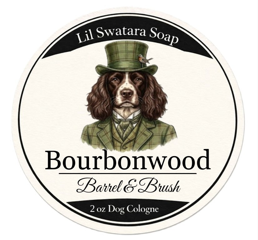 Dog freshening spray label with illustrated dog in flannel, Bourbonwood scent, Lil Swatara Soap branding.
