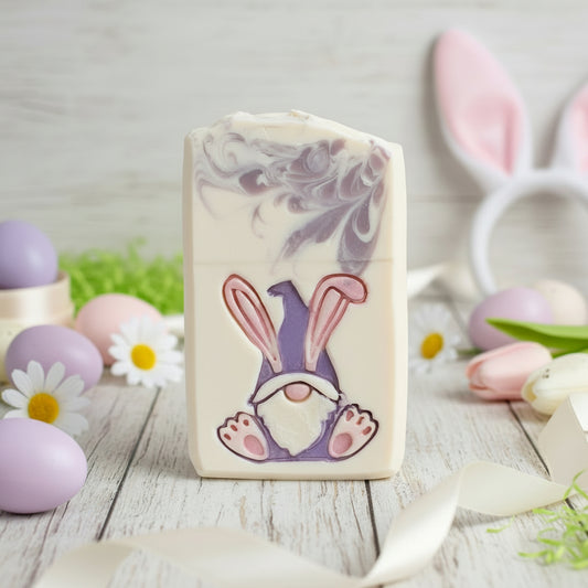 Close-up of Bunny Gnome soap stamp impression on handmade soap.