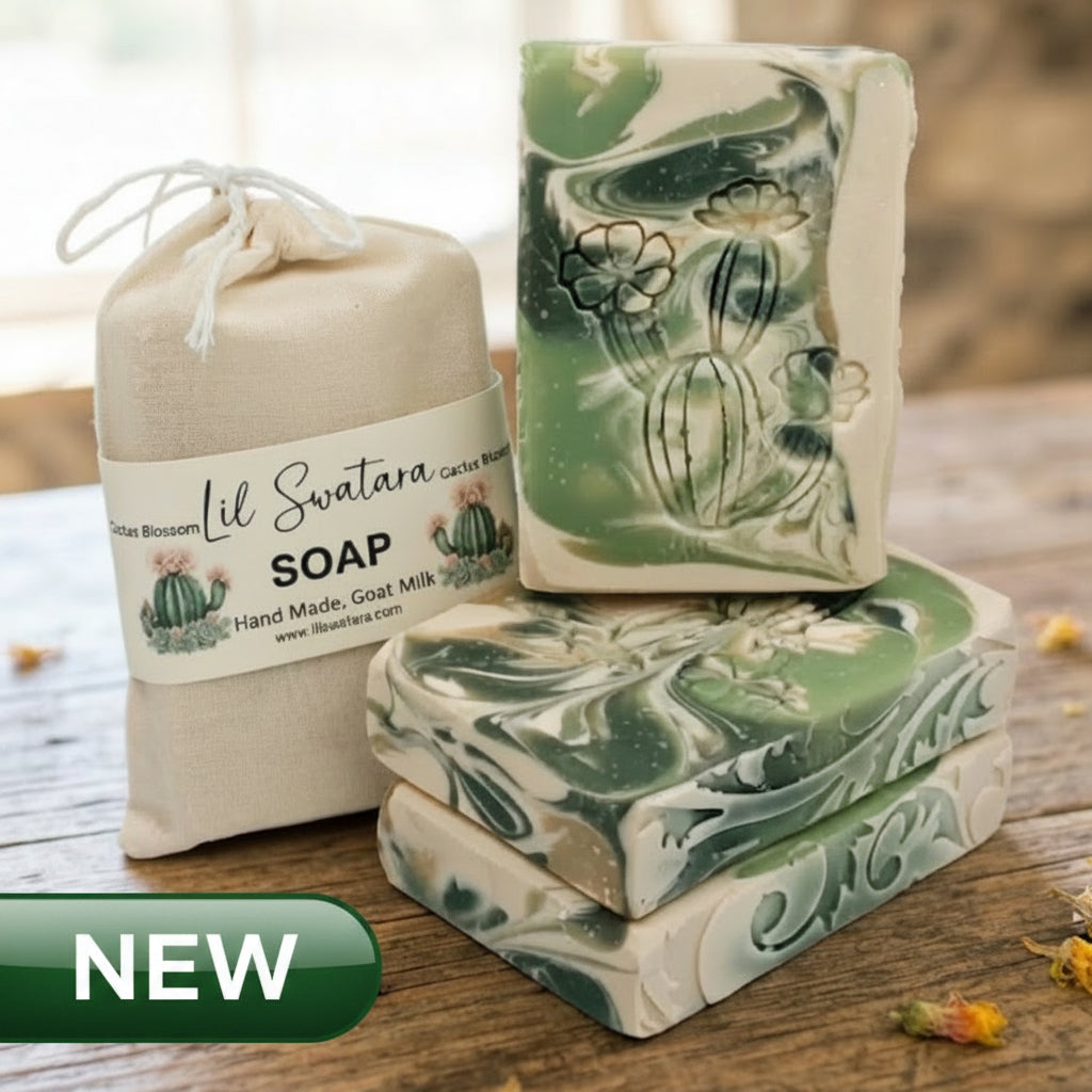 Cactus Blossom goat milk tallow soap bar displayed on a wooden surface with a fresh floral citrus theme.

