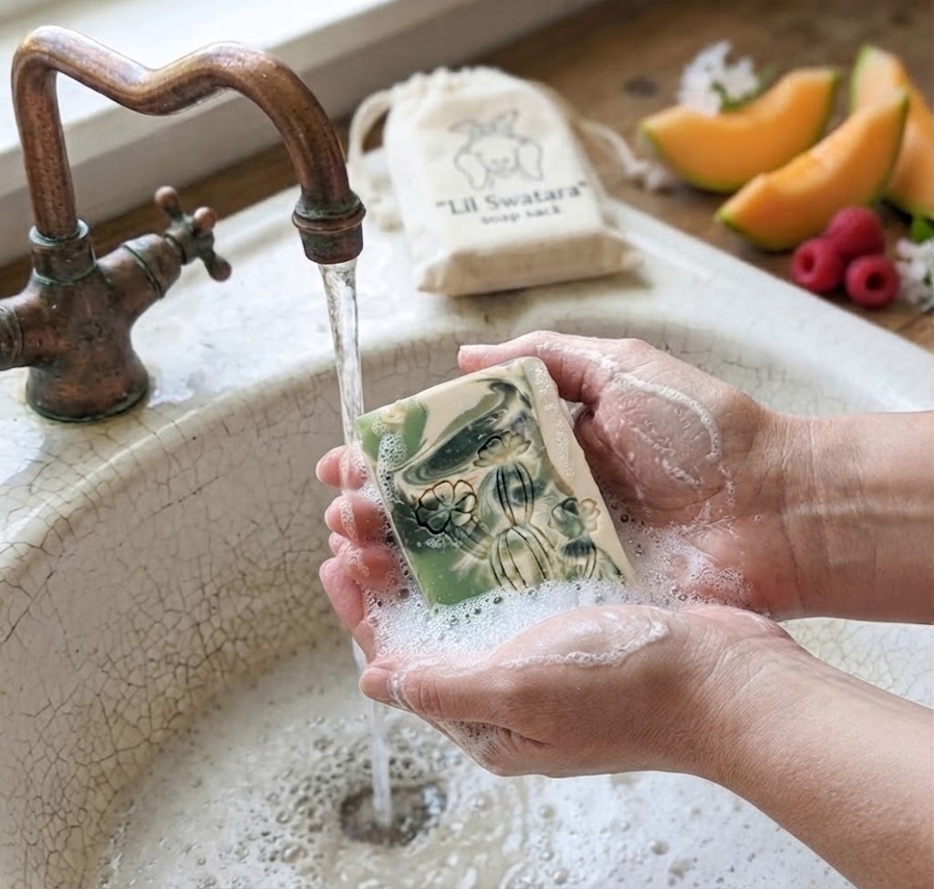 Cactus Blossom goat milk tallow soap bar showing creamy texture and embossed design in a clean product layout.
